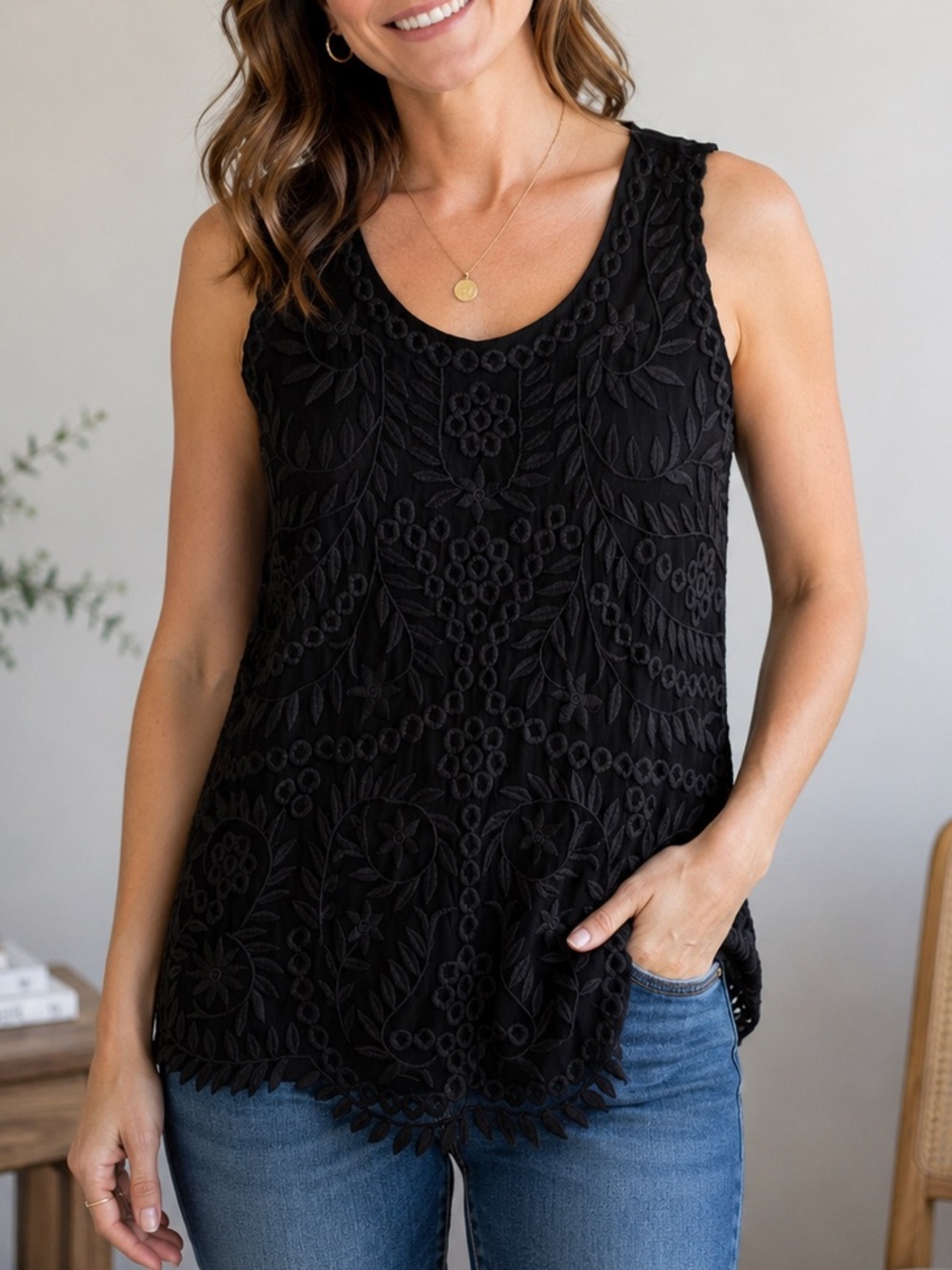 J. Jill Black Embroidered Mesh Floral Overlay Sleeveless Top Large Pima Cotton